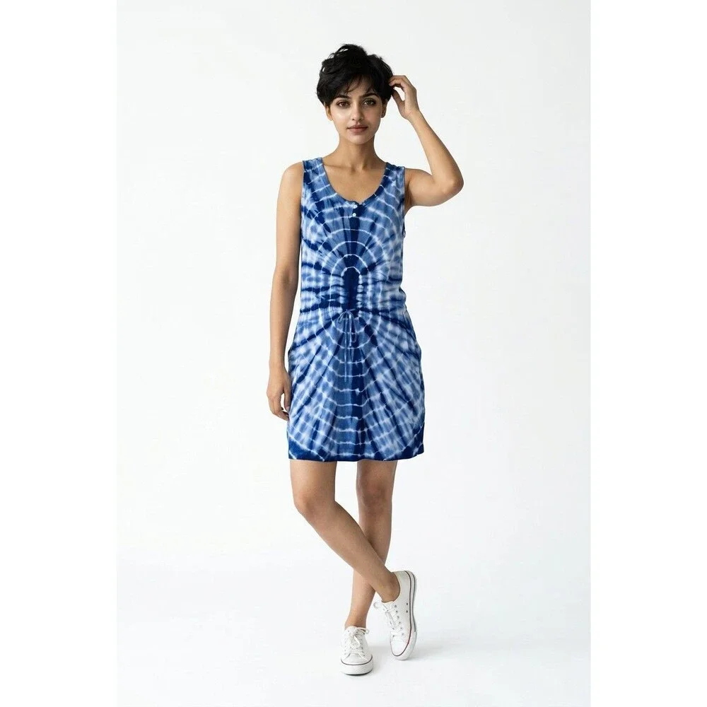 Pink‎ Lotus Women's Blue Tie Dye Dress Sz M Casual Comfy Boho Beach Weekend Wear